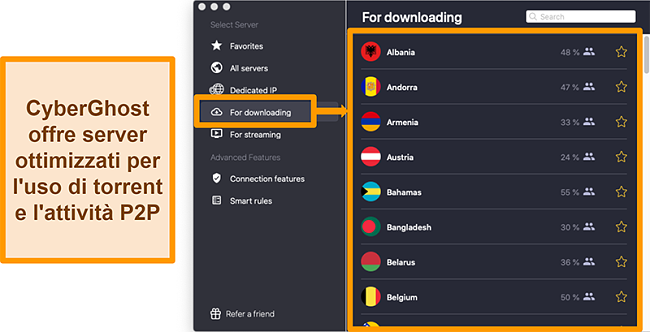 Screenshot dei server ottimizzati di CyberGhost VPN per il download e il torrenting
