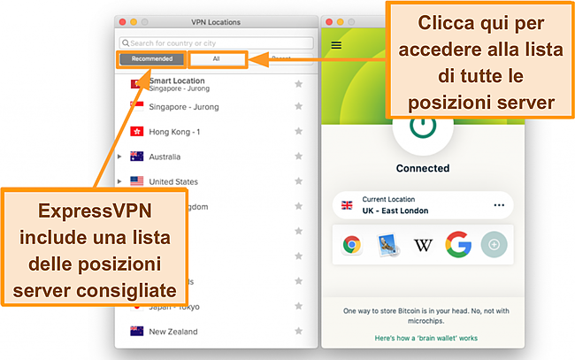 Screenshot dell'elenco dei server dell'app ExpressVPN