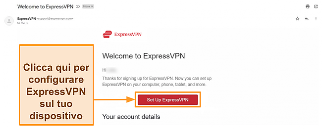 Screenshot dell'e-mail di benvenuto di ExpressVPN ai nuovi clienti con le istruzioni per la configurazione