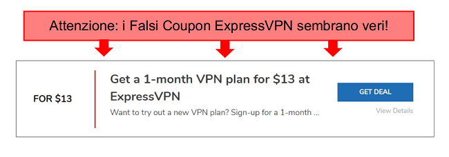 screenshot con annotazioni di un coupon expressvpn falso