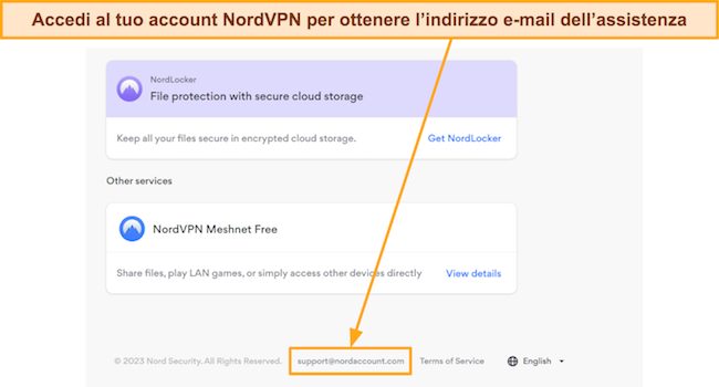 Screenshot dell'indirizzo e-mail di supporto sull'account NordVPN