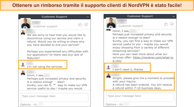 Screenshot della richiesta di rimborso a NordVPN tramite live chat.