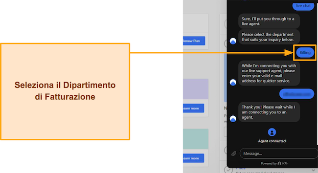 Screenshot della selezione del reparto di fatturazione e della fornitura dell'indirizzo e-mail al chatbot NordVPN.