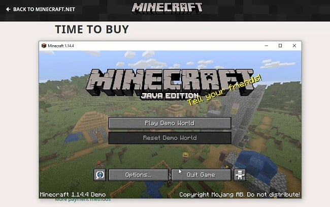 Schermata di benvenuto di Minecraft