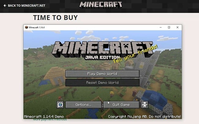 Layar selamat datang Minecraft