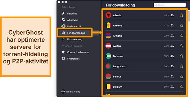 Skjermbilde av CyberGhost VPNs optimaliserte servere for nedlasting og torrenting