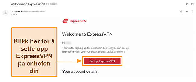 Skjermbilde av ExpressVPNs velkomst-e-post til nye kunder med oppsettinstruksjoner