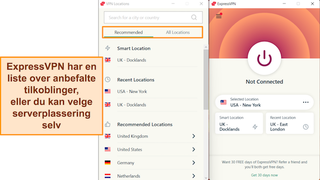 Skjermbilde av ExpressVPNs Windows-app, som fremhever de anbefalte servertilkoblingene og servermenyen 