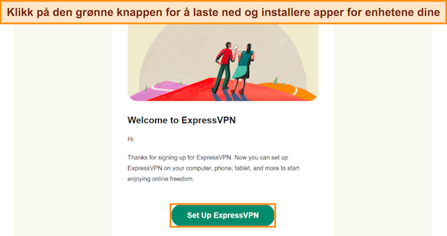 Bilde av e-postbekreftelse fra ExpressVPN, som ber brukeren klikke på oppsett-knappen.