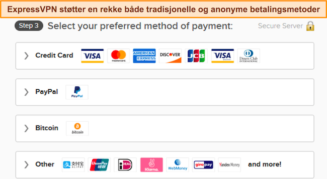 Bilde av ExpressVPNs betalingsalternativer.
