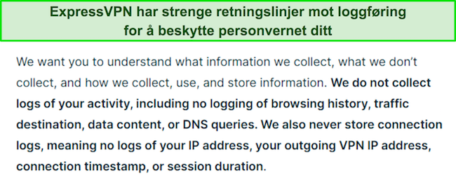 Skjermbilde av ExpressVPNs personvernpolicy.