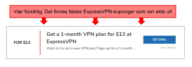 skjermbilde med merknader av en falsk expressvpn-kupong