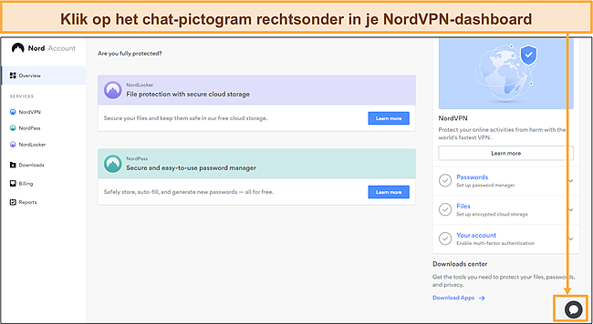 Schermafbeelding van het NordVPN-chatpictogram om een livechat aan te vragen met de klantenondersteuning.