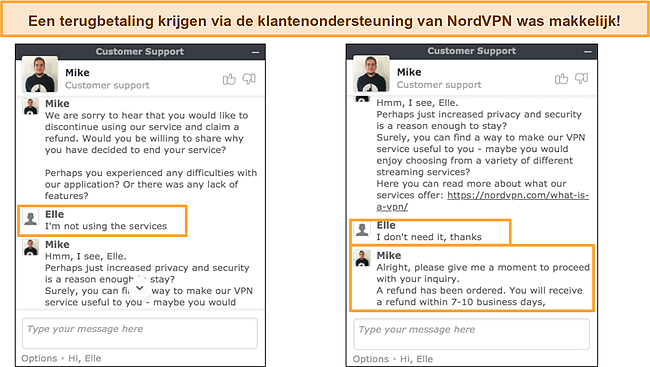 Screenshot van de chat met klantenservicemedewerkers.