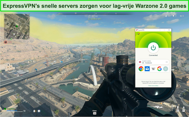 Screenshot van ExpressVPN verbonden met een Britse server tijdens het spelen van Warzone 2.0