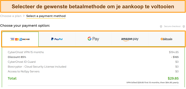Screenshot van door CyberGhost geaccepteerde betaalmethoden