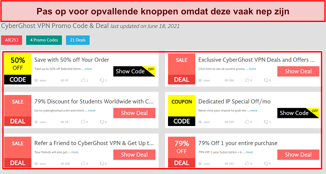 Screenshot van valse Clickbait-knoppen van CyberGhost-coupon
