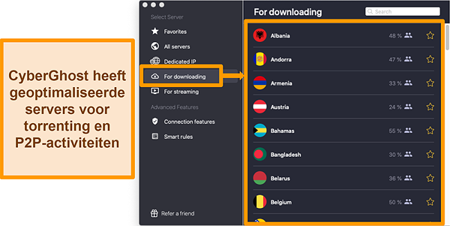 Screenshot van de geoptimaliseerde servers van CyberGhost VPN voor downloaden en torrents