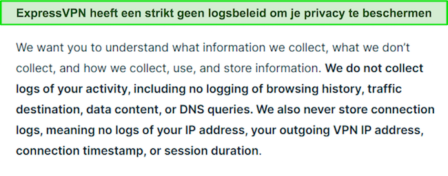 Screenshot van het privacybeleid van ExpressVPN.