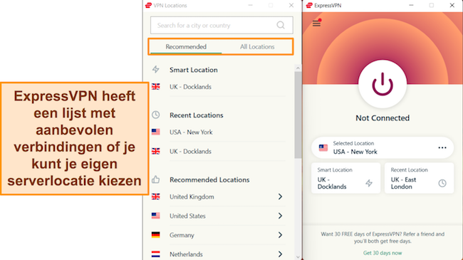 Screenshot van de Windows-app van ExpressVPN, met de aanbevolen serververbindingen en het servermenu 