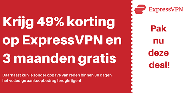 ExpressVPN-coupon voor 49% korting en 3 maanden gratis met een 30 dagen geld-terug-garantie