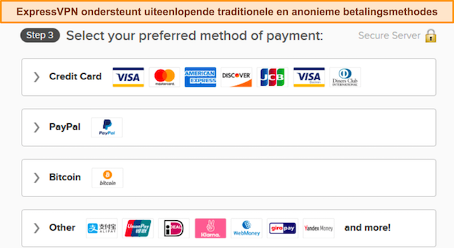 Afbeelding van de betalingsopties van ExpressVPN.