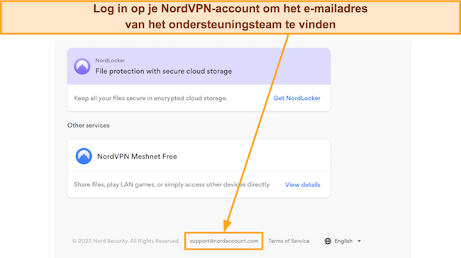 Screenshot van het e-mailadres voor ondersteuning op het NordVPN-account