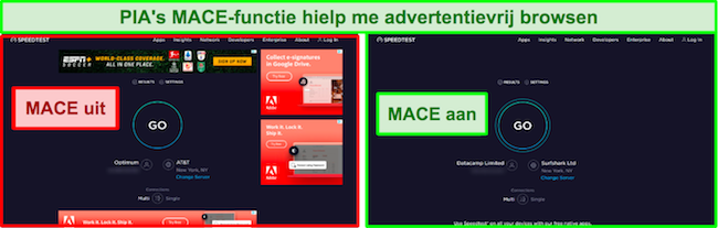 Schermafbeelding van advertenties die op een webpagina zijn verwijderd nadat MACE was ingeschakeld.