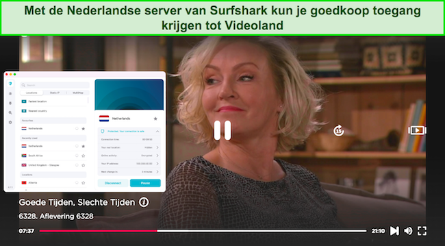 Screenshot van Goede Tijden, Slechte Tijden op Videoland terwijl Surfshark verbonden is met een server in Nederland