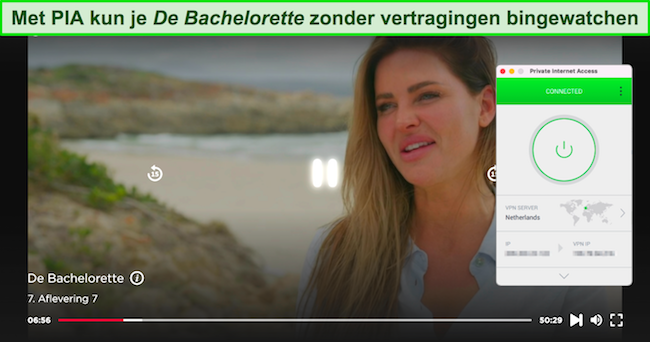 Screenshot van De Bachelorette die speelt op Videoland terwijl Private Internet Access is verbonden met een server in Nederland
