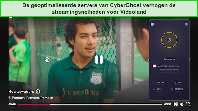Screenshot van Hockeyvaders die spelen op Videoland terwijl CyberGhost is verbonden met een server in Amsterdam, Nederland
