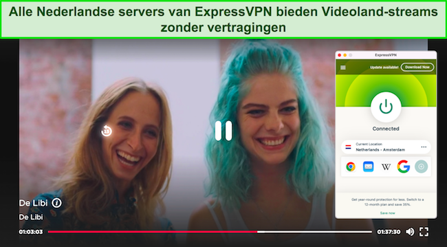 Screenshot van De Libi die speelt op Videoland terwijl ExpressVPN is verbonden met een server in Amsterdam, Nederland
