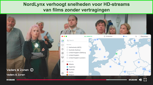 Screenshot van Vaders & Zonen die speelt op Videoland terwijl NordVPN is verbonden met een server in Nederland