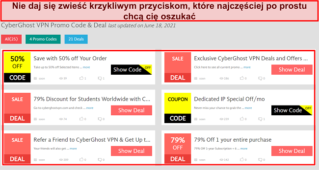 Zrzut ekranu z fałszywymi przyciskami clickbait kuponów CyberGhost