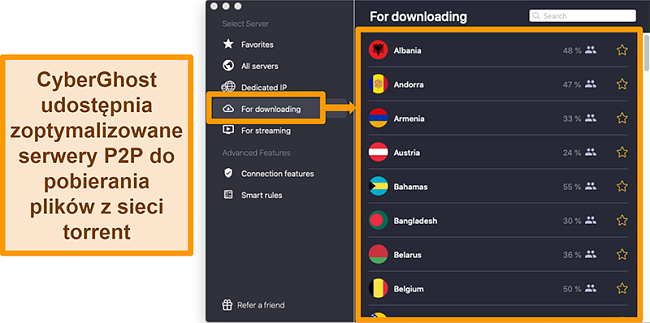 Zrzut ekranu serwerów CyberGhost VPN zoptymalizowanych do pobierania i torrentowania