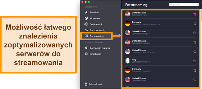 Zrzut ekranu zoptymalizowanych serwerów CyberGhost VPN, które odblokowują platformy streamingowe, takie jak Netflix, Sling TV i Amazon Prime