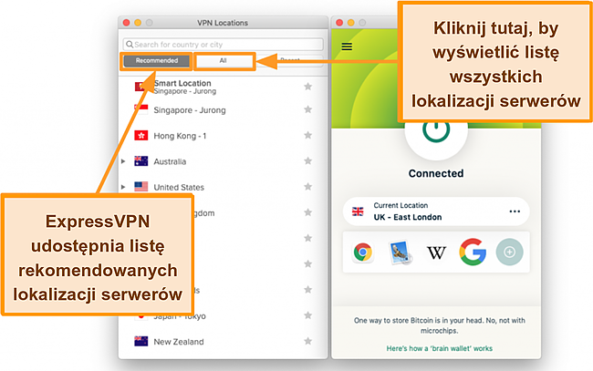 Zrzut ekranu listy serwerów aplikacji ExpressVPN