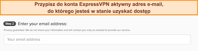 Obraz strony rejestracji ExpressVPN przedstawiający pole wprowadzania wiadomości e-mail.
