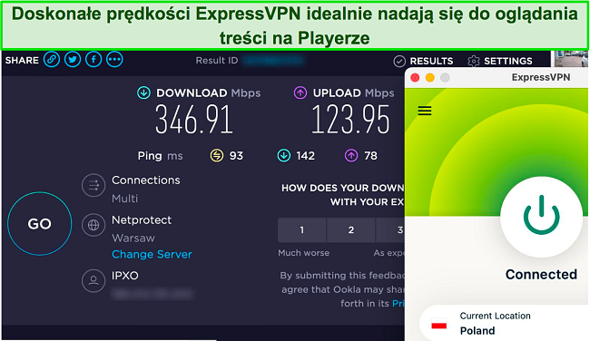 Zrzut ekranu przedstawiający test prędkości podczas połączenia z polskim serwerem w aplikacji ExpressVPN