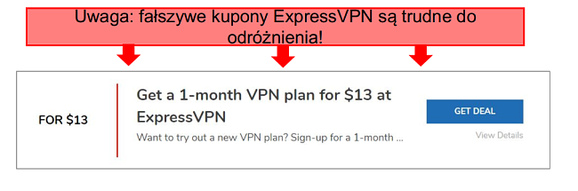 zrzut ekranu z adnotacjami fałszywego kuponu expressvpn