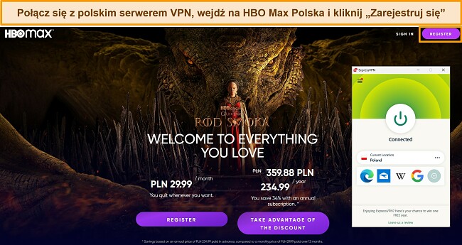 Zrzut ekranu strony internetowej HBO Max Polska z ExpressVPN podłączonym do polskiego serwera i podświetlonym przyciskiem „Zarejestruj się”.