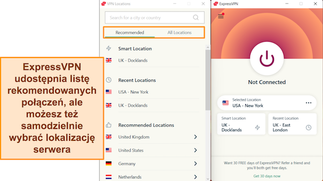 Zrzut ekranu aplikacji Windows ExpressVPN, z zaznaczeniem zalecanych połączeń z serwerem i menu serwera „Wszystkie lokalizacje”.