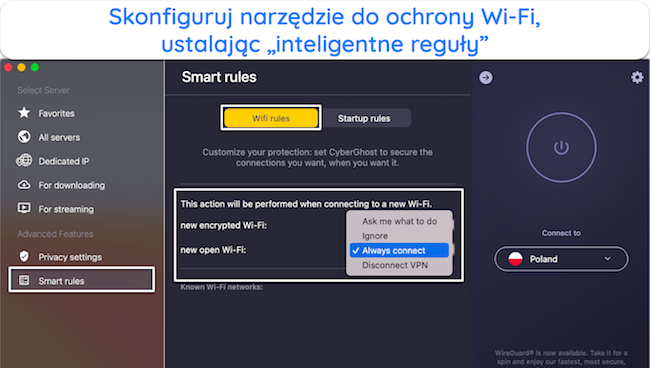 Zrzut ekranu przedstawiający ustawienia Ochrony Wi-Fi w obszarze Inteligentne reguły w aplikacji CyberGhost