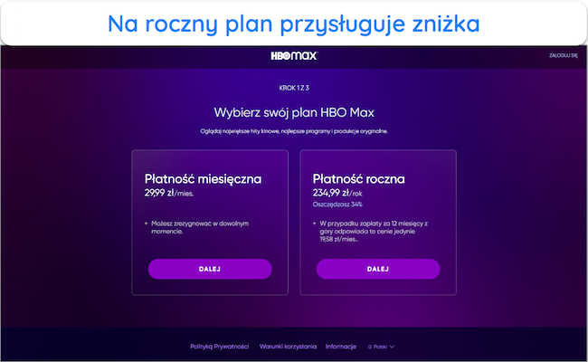 Zrzut ekranu strony cenowej HBO Max