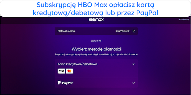 Zrzut ekranu strony płatności HBO Max
