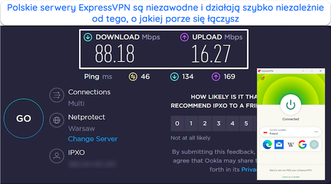 Zrzut ekranu wyników testu szybkości polskiego serwera ExpressVPN