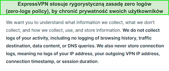 Zrzut ekranu z polityką prywatności ExpressVPN.