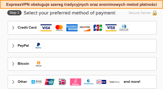 Obraz opcji płatności ExpressVPN.