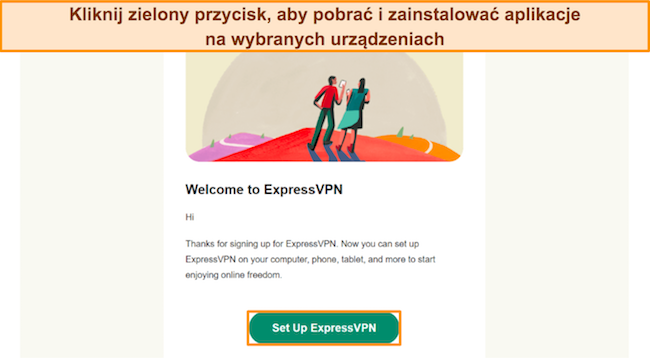Obraz potwierdzenia wiadomości e-mail od ExpressVPN, zachęcającego użytkownika do kliknięcia przycisku konfiguracji.