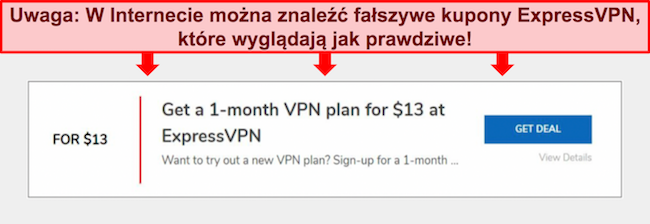 Zrzut ekranu fałszywego kuponu ExpressVPN.